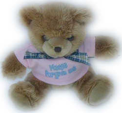 20cm Plush teddy bear with neck tie and blue T-shirt printed with Good Luck design.Complies with
