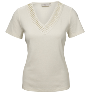 Flattering V-neck t-shirt with intricate satin detail at neck. Another classic style that can take y