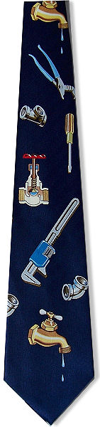 A great plumbing tie, with plumbers tools with a dripping tap on a textured navy background