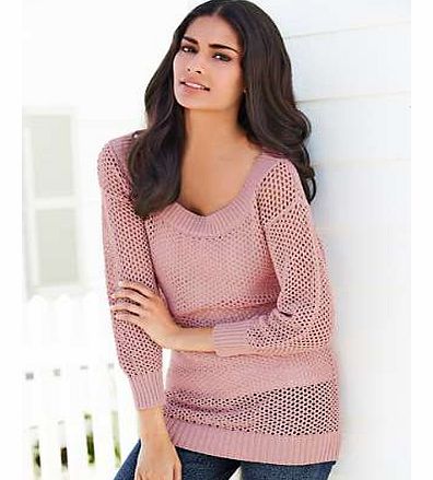 A charming pointelle knit sweater with gold lurex for that fashion detail. Also featuring a deep rib scoop neckline and hem finish the look. Sweater Features: Washable 45% Cotton, 45% Acrylic, 7% Polyester, 3% Metallic Length approx. 66 cm (26 ins)