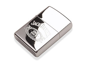 Flip-top petrol lighter with the famous Jack Daniels bourbon whiskey logo. Cannot be sold to anyone 