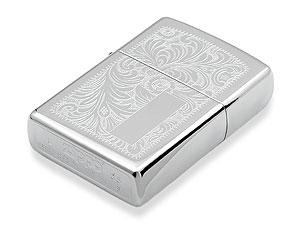 `The panels of this flip-top Zippo lighter are stylishly finished with a ``Venetian`` pattern in the