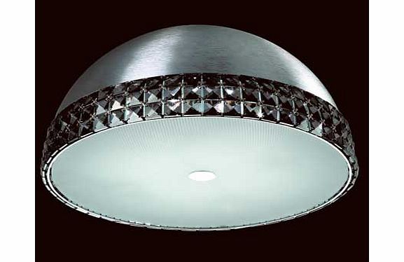 The Polo Dome Shaped Flush Light Fitting has been designed with an abundance of sophisticated smoke crystals around the edge of a contemporary brushed aluminium dome shape. Size H21. W41. D33cm. Drop 21cm. Diameter 41cm. Suitable for use with low ene