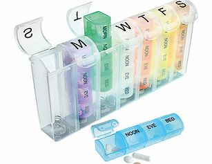 All your pills sorted for the week  especially useful for holidays. The 7 slim-line boxes are clearly labelled for the days of the week with both initials and Braille markings. Spring-loaded for easy retrieval (you can carry them individually when y