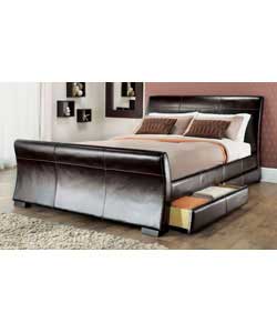 Leather, plywood and metal bedstead with 4 underbed drawers. Dark brown colour. Includes Miracoil