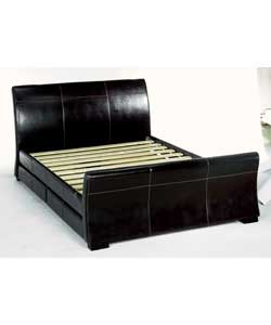Leather, plywood and metal bedstead with 4 underbed drawers. Dark brown colour. Size (W)151,