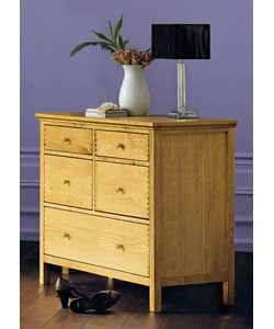 Size (H)88, (W)111, (D)48cm.Traditional 5 drawer chest with top plinth and dovetailed drawers.Solid 