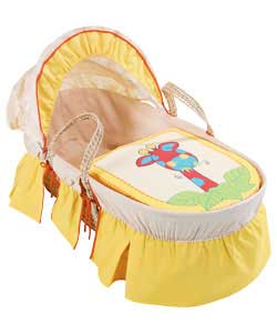 Moses basket with handles and detachable washable cover. Complete with mattress and brightly