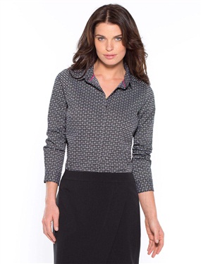 A classic blouse updated by a contemporary print. Contrasting taped edging inside the collar and buttoned cuffs. Button fastening under placket. Bust darts. Rounded hem. 69% cotton, 28% polyamide, 3% elastane. Easy care machine washable. Length 26 to