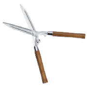 This hedge shear features heat treated carbon steel blades and a shock absorbing ash wood handle.