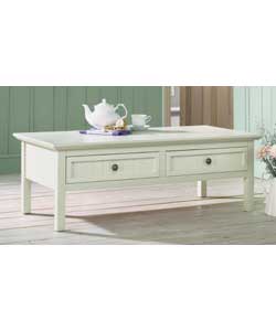 Solid wood with white stain coffee table.2 drawers with attractive planked effect fronts.Size
