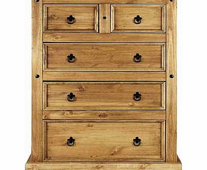 Offering an utterly charming style. the Puerto Rico collection is crafted from rustic solid wood with an oiled finish. This dark pine 3+2 drawer chest is not only elegant in design with its panelled fronts and curved base. but offers plenty of room f