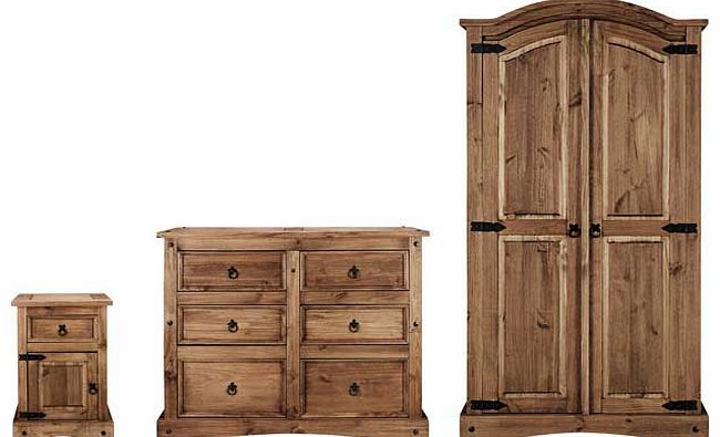 Offering an utterly charming style. the Puerto Rico collection is crafted from rustic solid wood with an oiled finish. This dark pine two door wardrobe. six drawer chest and bedside cabinet package offer plenty of room for all your bedroom essentials