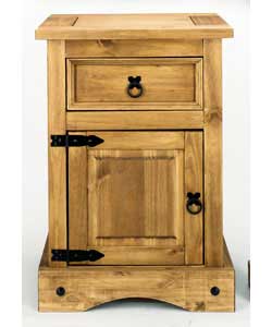 Size (H)76, (W)53, (D)48cm.Pine solid wood.1 drawer. Rustic black metal handles.Wooden curved feet.F