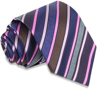 A luxurious silk diagonal striped tie in purple, pink, brown and grey.