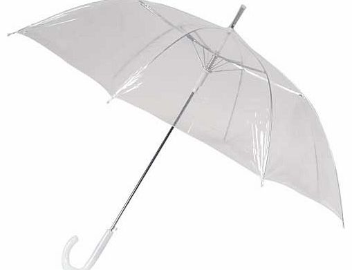 This clear PVC umbrella is perfect for any occasion and outfit. It has eight panels. a white handle. top and spoke tips. Automatic opening mechanism. Totally waterproof. Overall length 82cm (32`). Canopy width 100cm (39`). Keep away from fire.