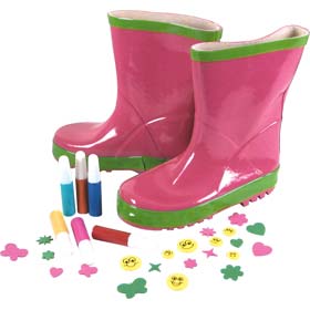 Child-sized wellies that come with six paints and a selection of adhesive foam shapes. The boots