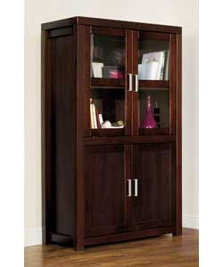 Solid tabac coloured pinewood.2 solid wood framed glass doors and 2 solid wood framed doors.2 adjust