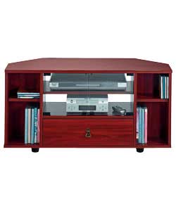 Mahogany effect. Drawer, glass doors and storage at sides. 3 fixed shelves, 1 partition shelf, and