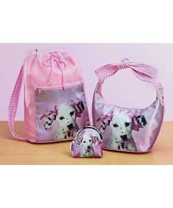 Set contains funky pink gingham backpack, handbag and coin purse, all featuring Daysha the Dalmatian