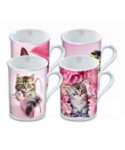 Pink with cat designs.Size of each mug (H)10cm, diameter 7.5cm.