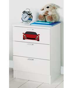 White finish with printed racing cars on the top drawer front and silver metal strip handles. Size (