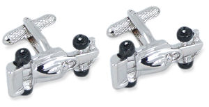 A lovely pair of silver coloured racing car cufflinks with little black wheels.