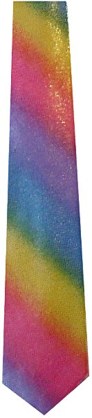 A narrow rainbow striped tie with a slight glittery look to it