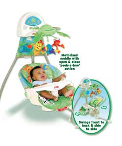Baby reclines in comfort to watch the plush rainforest friends play peek-a-boo; among the leaves