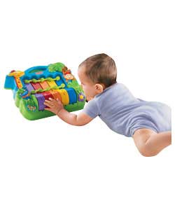 Baby rolls the coloured wheels that make music by striking five connected keys. Handle for portabili