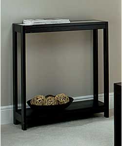 Dark stained console table with a white screen printed glass insert panel.1 undershelf.Size (L)70,