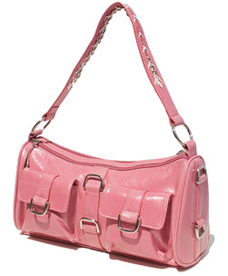 This flirty pink satchel with a woven strap is soft and girly. The front pockets are perfect for