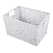 A rattan shelf basket. This rattan storage basket comes in white with a diamond design.