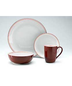 4 place settings.Set contains: 4 dinner plates, 4 side plates, 4 bowls and 4 mugs.Dinner plate diame