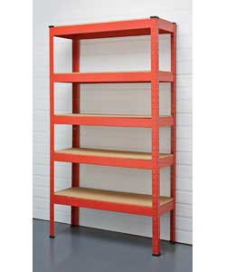 Red powder coated steel shelving unit with particle board shelves.Assembles easily without any nuts 