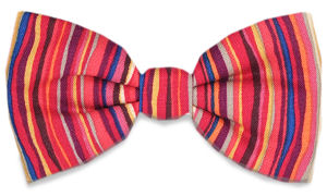 A funky pre-tied bow tie with red, blue, yellow, orange and brown vertical stripes all over.