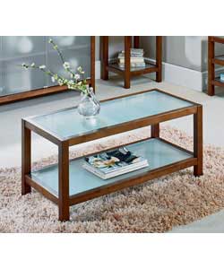 Solid wood and frosted glass coffee table.Solid birch with walnut stain.1 shelf.Size (L)95, (D)45,