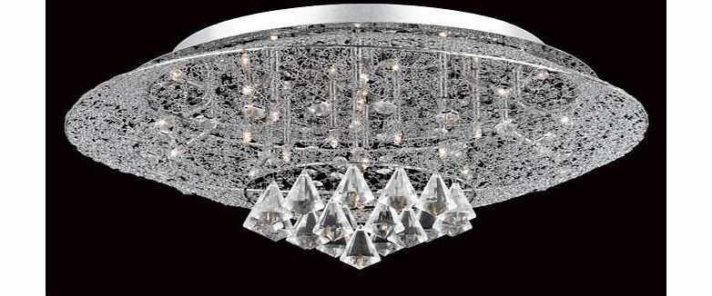 The Regina light is a modern flush crystal and chrome fitting featuring hanging crystal droplets. Size H24. W60. D60cm. Drop 24cm. Diameter 60cm. Suitable for use with low energy bulbs. Not suitable for bathroom use. Assembly required. Requires wirin
