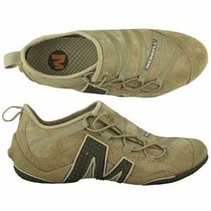 A modern trainer style shoe from Merrell. Features contrasting fabric detail to the upper and unusua