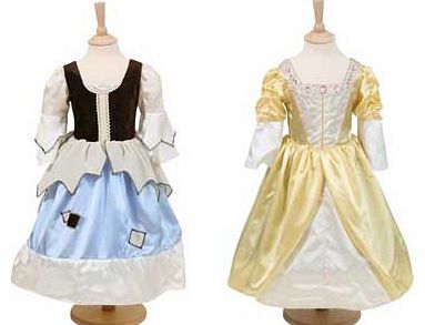 A playful pauper maids dress which also transforms into a magical golden princess gown. This is made from satin. with a velour back and is a fantastic. versatile reversable outfit. Suitable for height 98 to 110cm. For ages 3 years and over. Polyester
