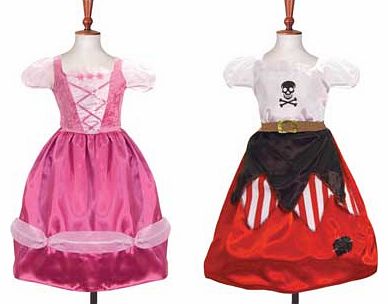 The ultimate 2 in 1 costume. princess to pirate dress in a simple turn. The costume is made from satin with a velour back and designed with a hooped skirt. which gives the dress a lovely full shape. Suitable for height 116 to 128cm. For ages 6 years 