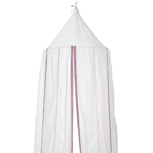 White, semi-transparent cotton canopy decorated with ribbons made from velvet and petersham and