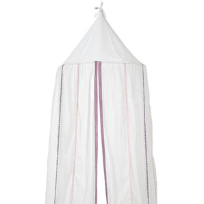 White, semi-transparent cotton canopy decorated with ribbons made from velvet and petersham and