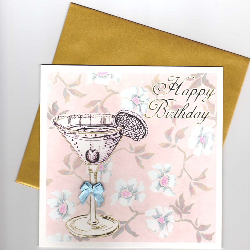 Ribboned Cocktail Glass Happy Birthday Card with pretty floral print, shimmering cocktail glass etch