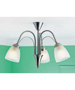 Satin nickel effect finish.Drop 35cm.Diameter 52cm.Requires 3 x 60 watt BC golf ball bulbs (not
