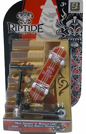 Hold an extreme world at your finger-tips with the Riptide Mini Scooter, Board and Stair Set. Use the scooter or board to pull off tricks with just your fingers. You can also mix it up by grinding down the stairs. To build an even bigger skate park, 