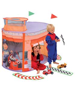 Garage play tent, great for role play and adventure. Roll-up garage door. Real check red red flag fo