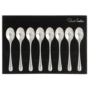 Streamlined and simple, a box of 8 coffee spoons. Robert Welch R.D.I., M.B.E., trained as a silversm