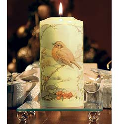 A traditional image of a robin decorates our candle