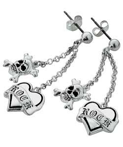 Unbranded Rock Goddess Silver Plated Heart and Skull Rock Earrings